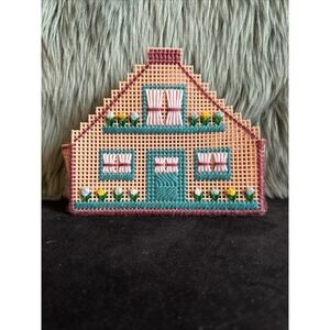 Napkin holder handmade country rustic house flowers Crosstitch Retro‎ VTG